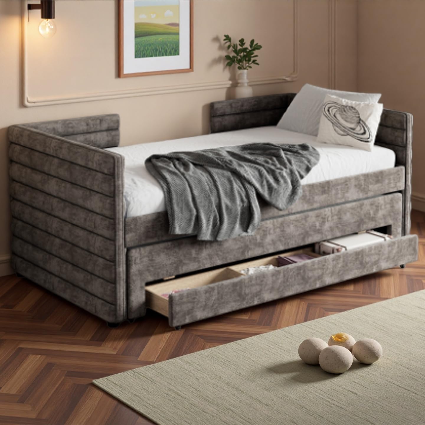  RuiSiSi Gray Linen Upholstered Twin Daybed with Storage Drawers for Bedroom and Living Room
| RuiSiSi Gray Twin Size Up