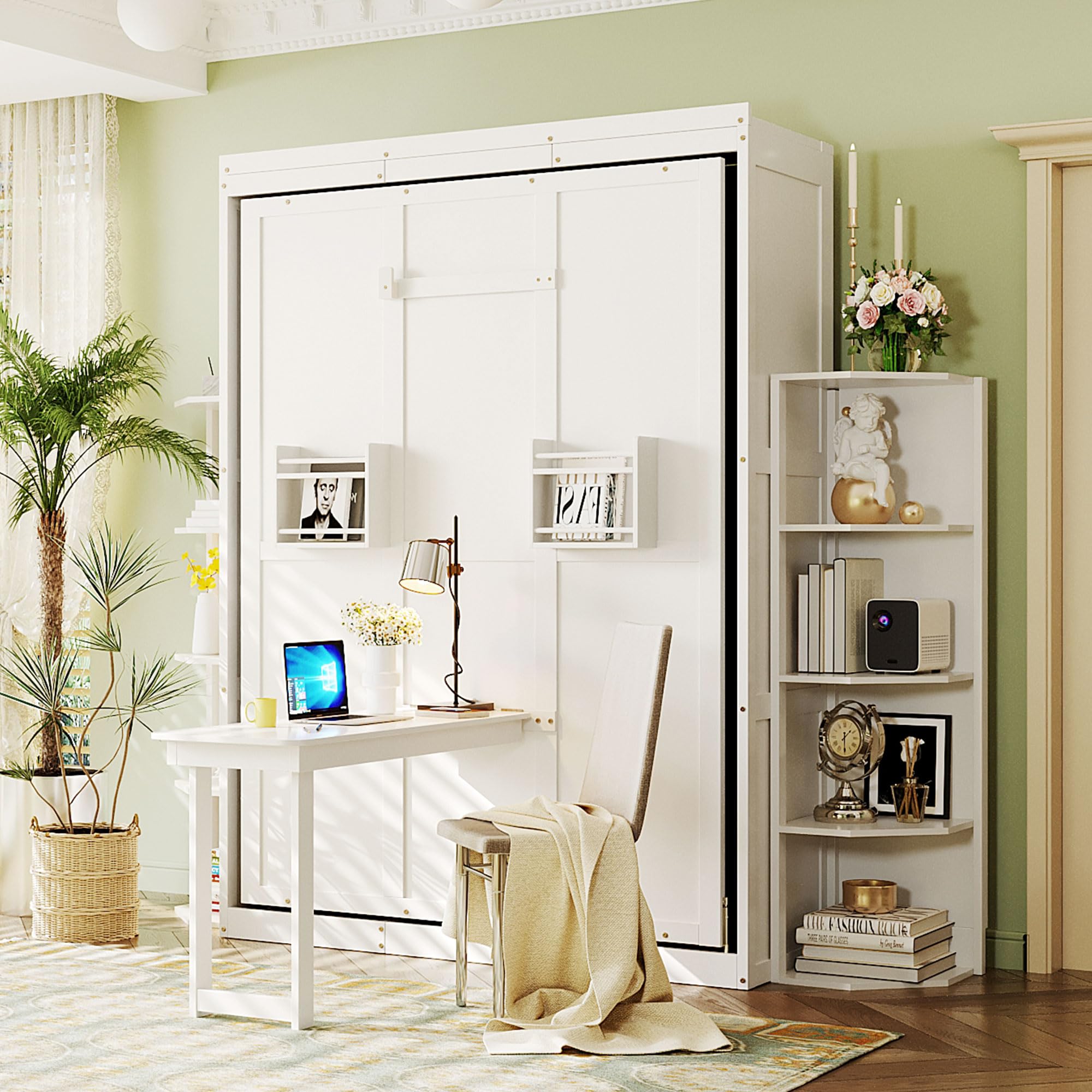  RuiSiSi Queen Murphy Bed with Convertible Desk for Home Office, White
| RuiSiSi Wood Folding Hideaway Bed Cabinet with 