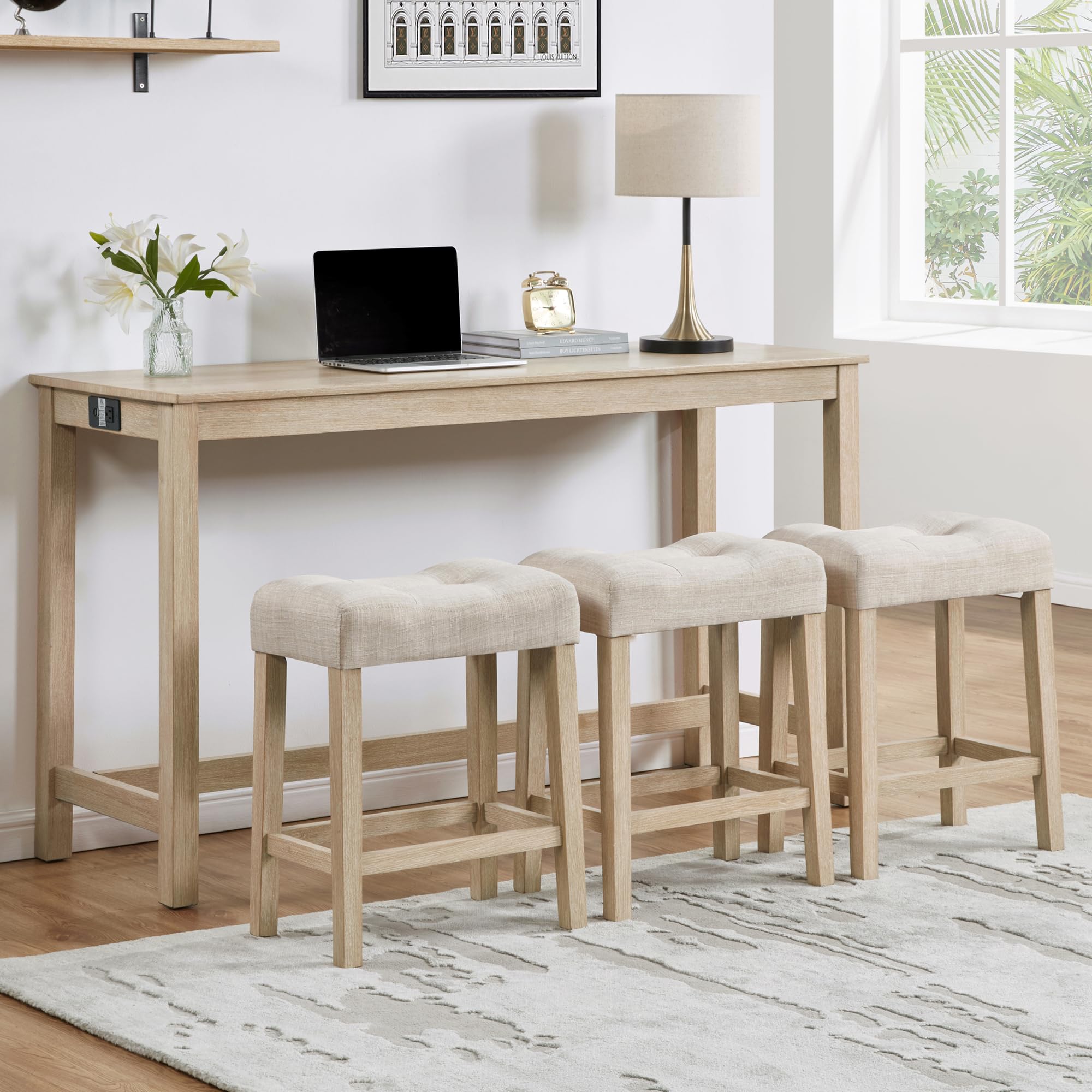  **4 Piece Light Oak Bar Table Set with Power Outlet for Living Room and Kitchen**
| **Light Oak 3 Padded Stool Bar Tabl