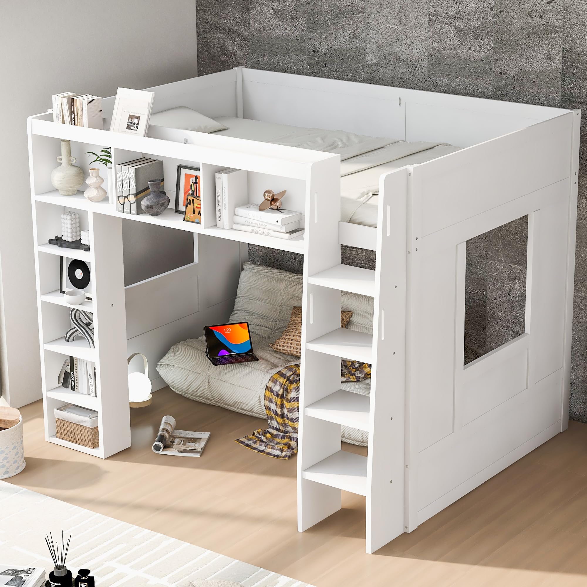  RuiSiSi Wood Queen Size Loft Bed with Storage and Stairs for Bedroom, Full-Length Guardrail, White
| RuiSiSi White Wood
